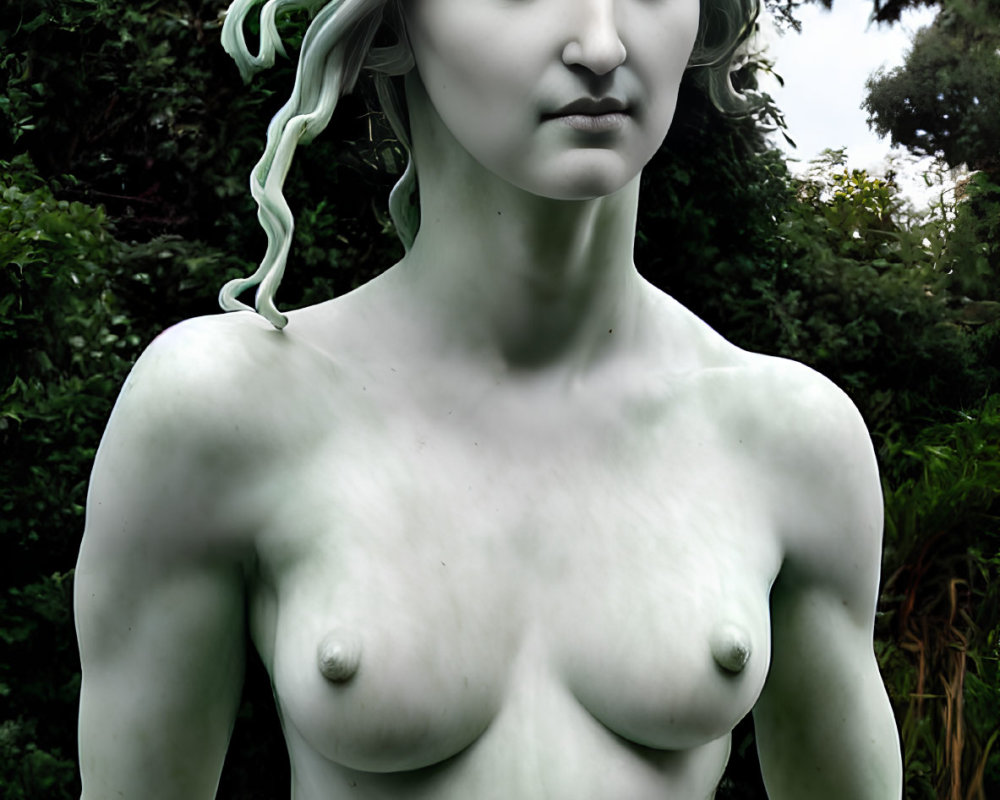 Detailed Female Figure Statue Among Green Foliage