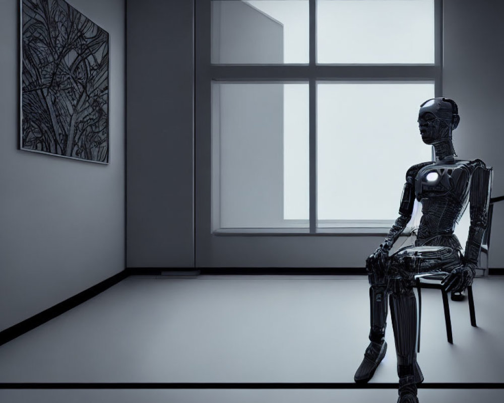 Humanoid Robot Sitting on Chair in Dimly Lit Room with Abstract Painting