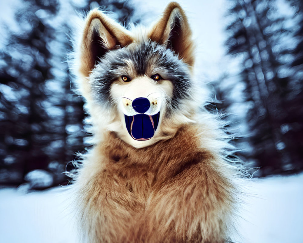 Realistic wolf costume in snowy forest with open mouth