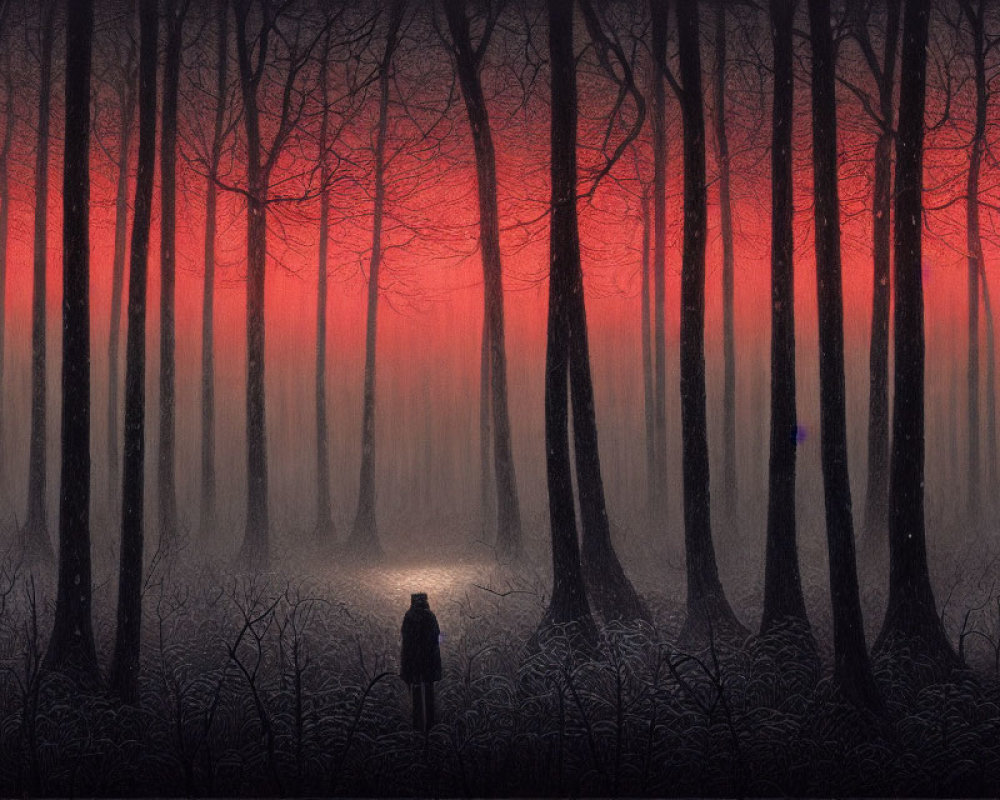 Person in mystical forest under red sky: ethereal ambiance