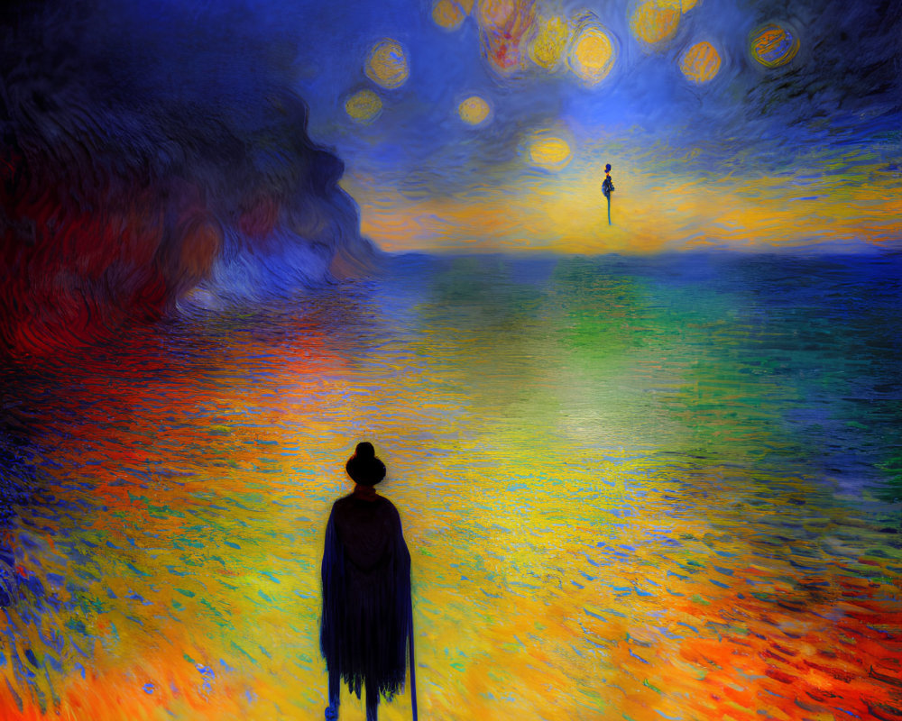 Stylized figure by colorful sea with fiery reflection and distant silhouette in swirl-patterned sky.
