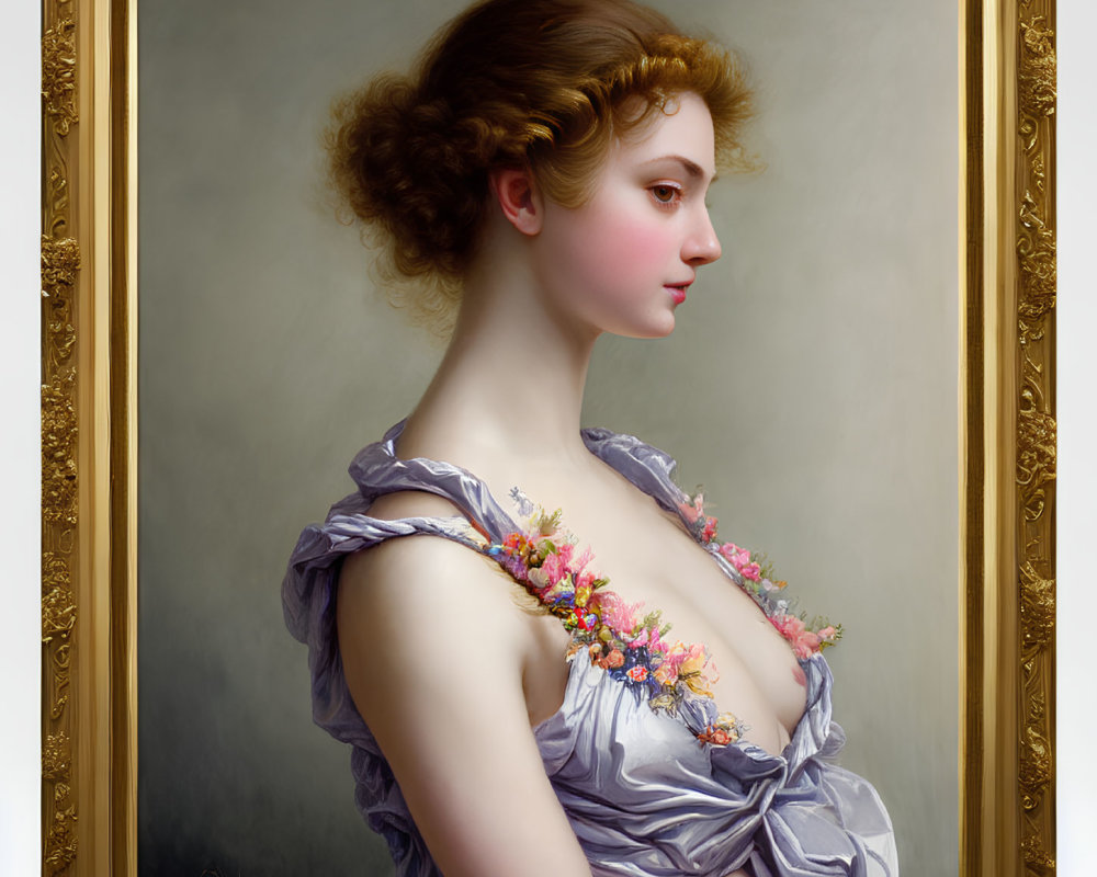 Classical-style portrait of a woman with floral arrangement and golden hair accessories