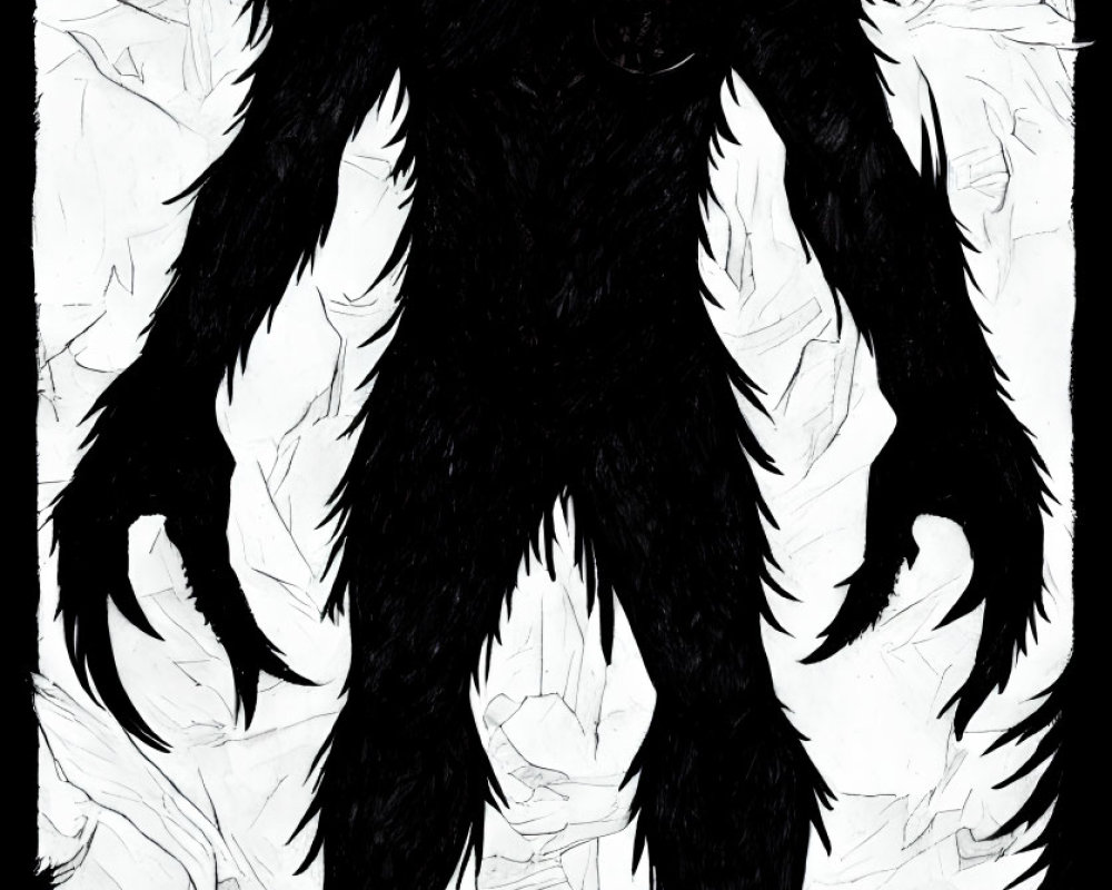 Monochromatic fierce creature illustration on crumpled paper background
