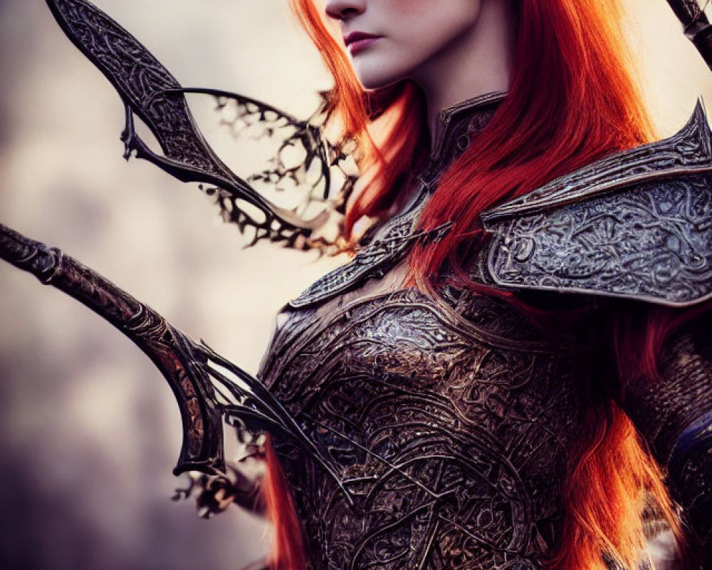 Striking red-haired woman in ornate armor with bow in fantasy setting