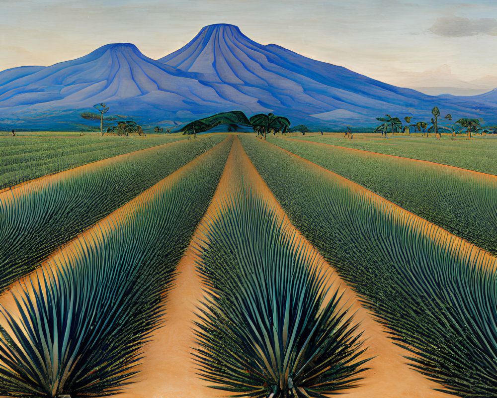 Scenic painting of agave field, rows, blue mountains, sunset sky