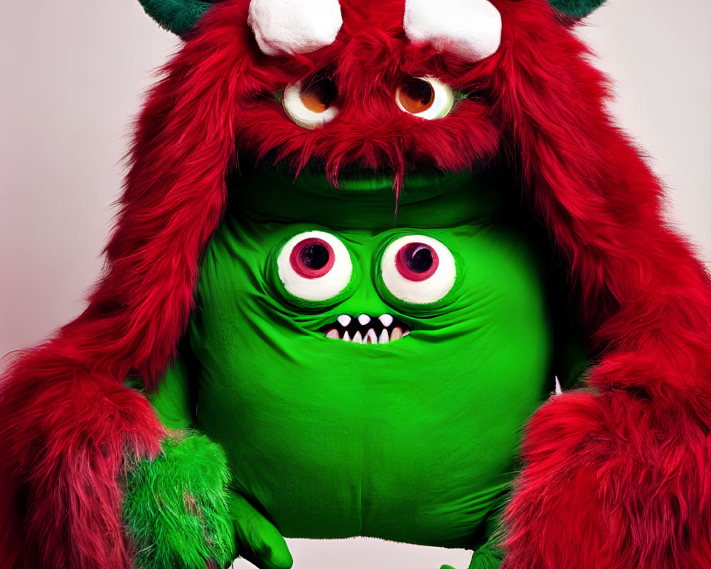 Whimsical character with red furry exterior and large green face