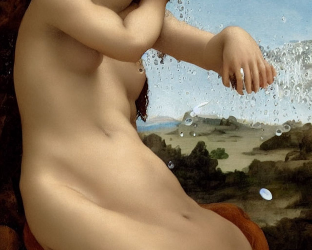 Digital artwork blending classic and modern styles: nude woman with flowing hair on rock, hand dripping water,