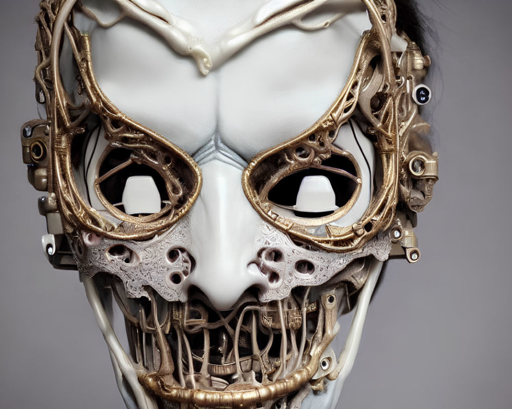 Detailed Metallic Skull Mask with Ornate Design and Mechanical Elements