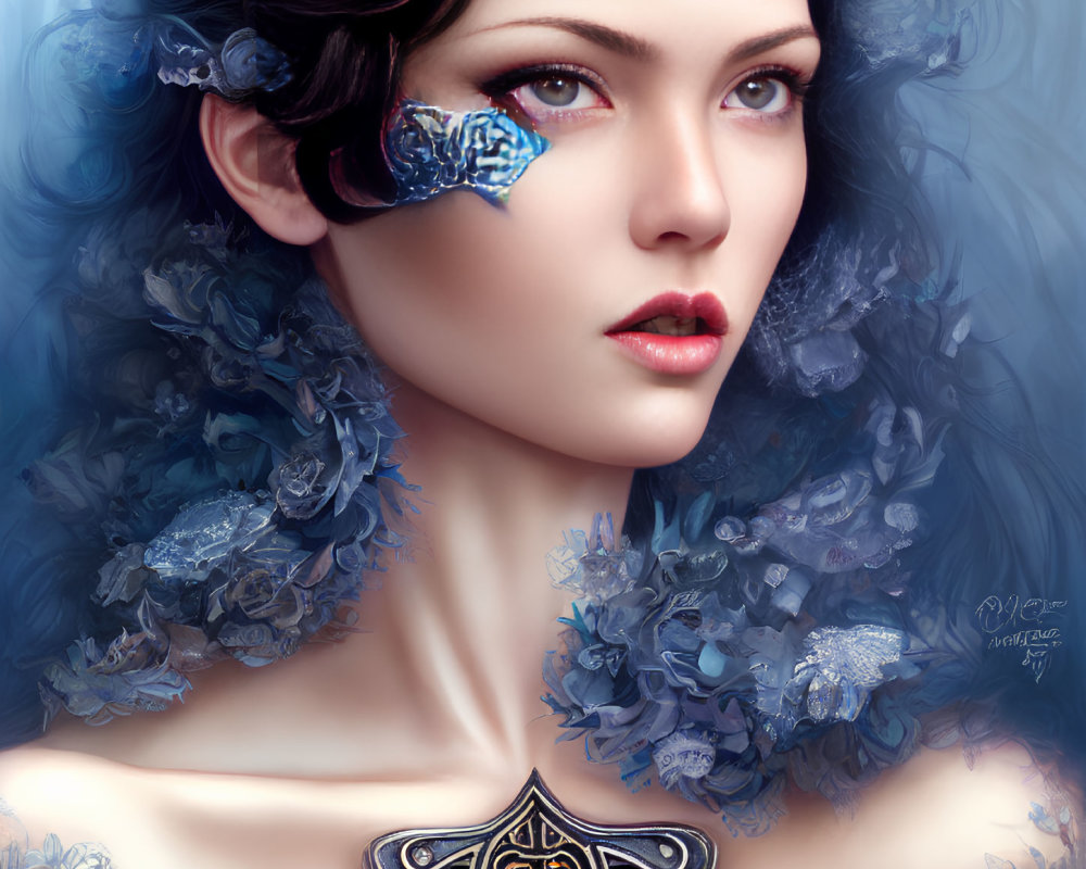 Digital portrait of woman with pale skin, dark hair, blue flowers, crystal eye, ornate pendant