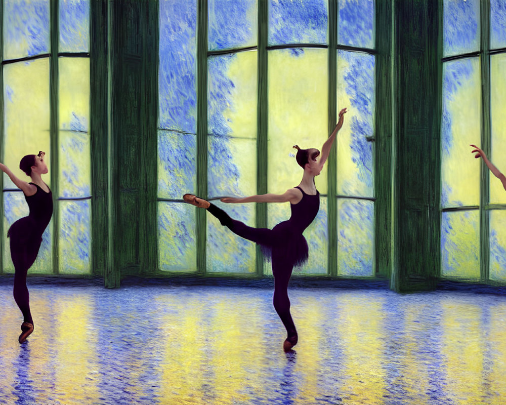 Three ballet dancers practicing in a room with large windows and colorful reflections