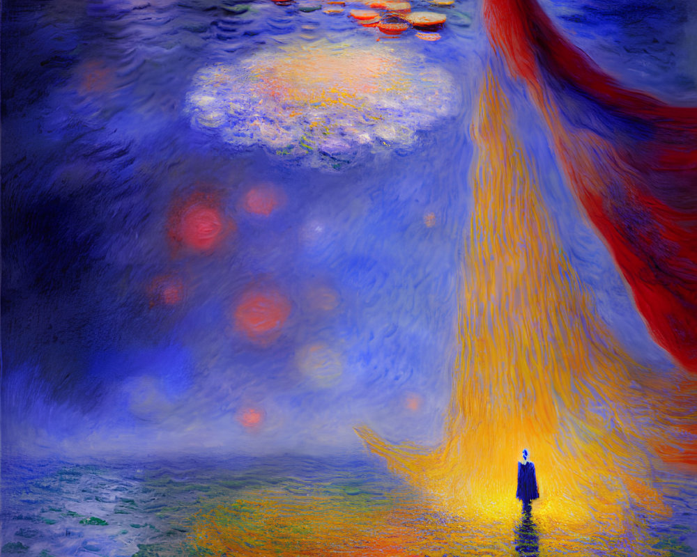 Surreal painting: lone figure, vibrant yellow light, red boat, blue landscape, floating orbs