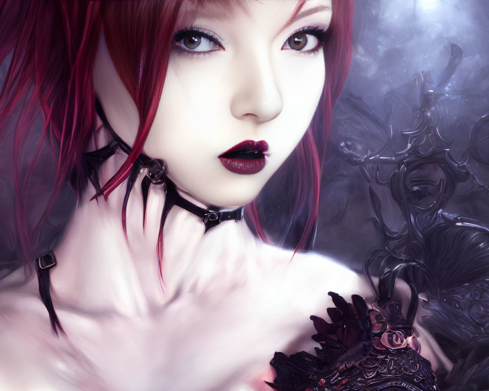 Digital artwork: Woman with red hair, choker, ornate gauntlet, on smoky purple