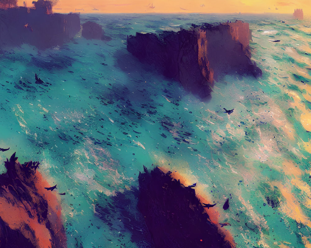 Digital painting of teal ocean, birds, rocks in sunset hues
