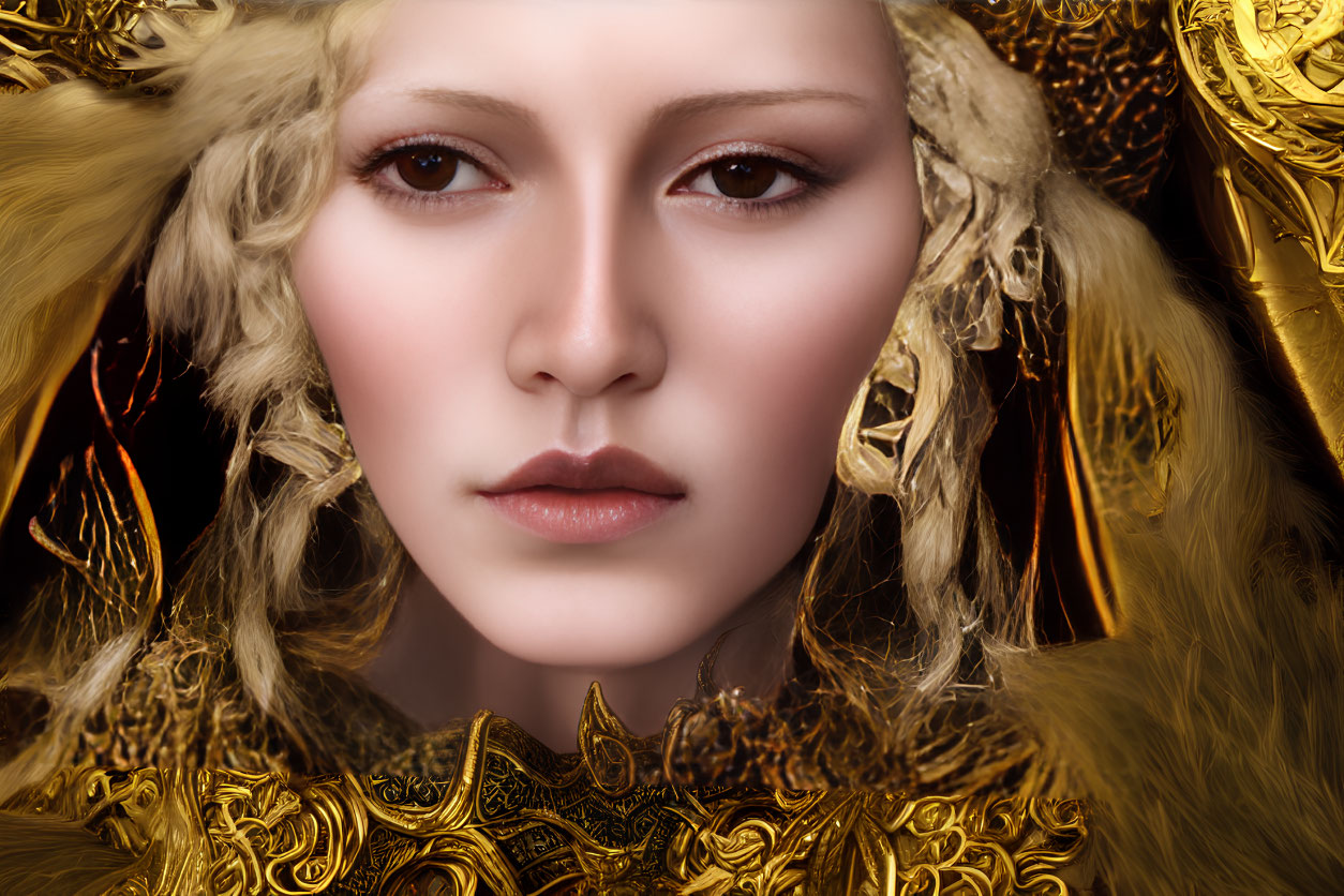 Detailed digital portrait: person in golden ornate armor with fur collar
