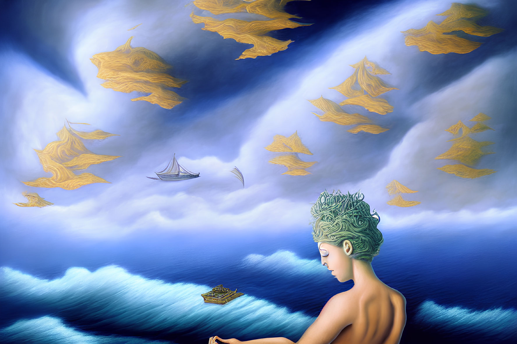 Surreal artwork: Woman with green hair, fish-shaped clouds, sailing boats