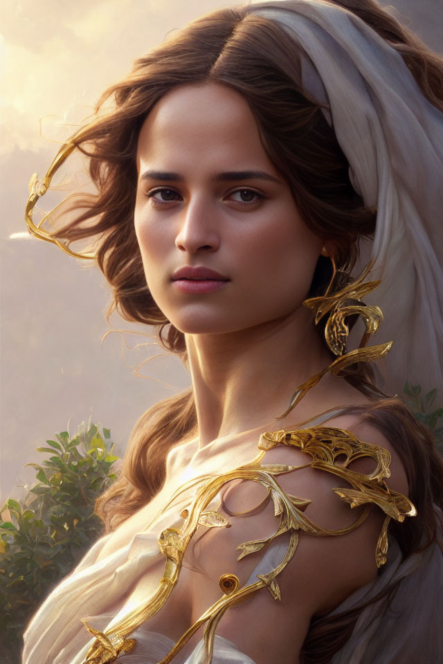 Elegant woman in white gown with flowing hair and gold jewelry