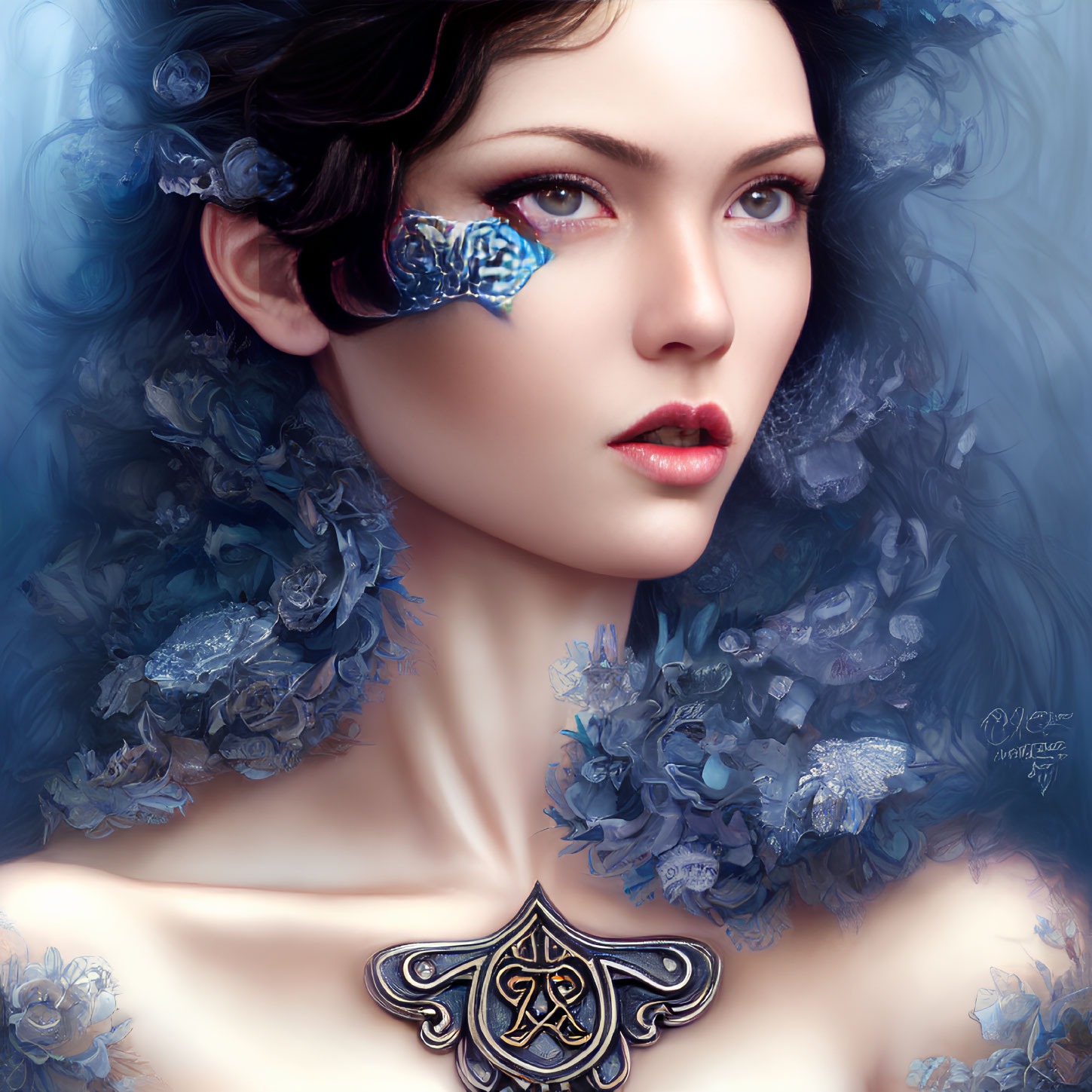 Digital portrait of woman with pale skin, dark hair, blue flowers, crystal eye, ornate pendant