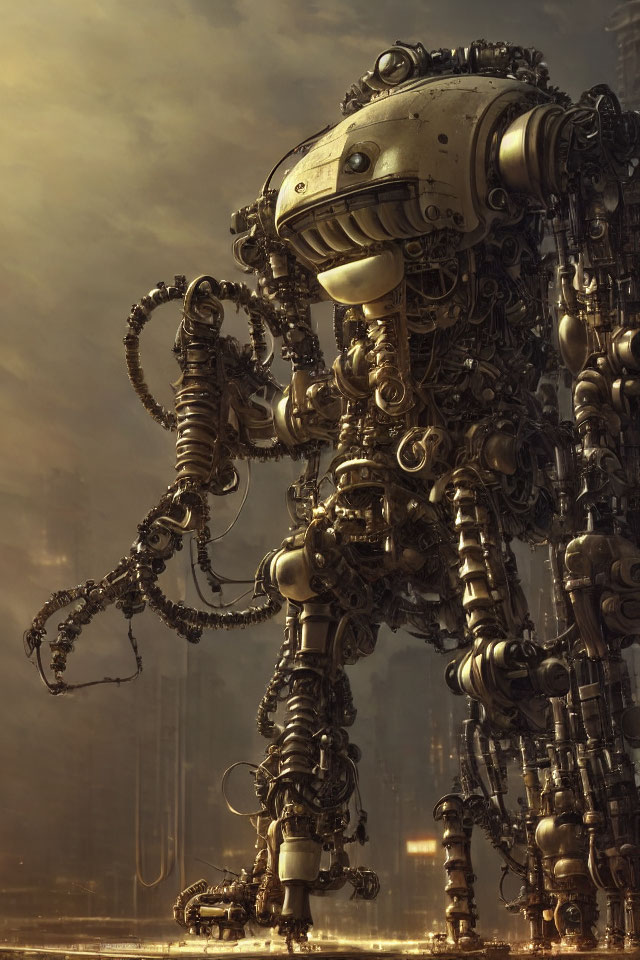 Giant robotic figure in futuristic cityscape