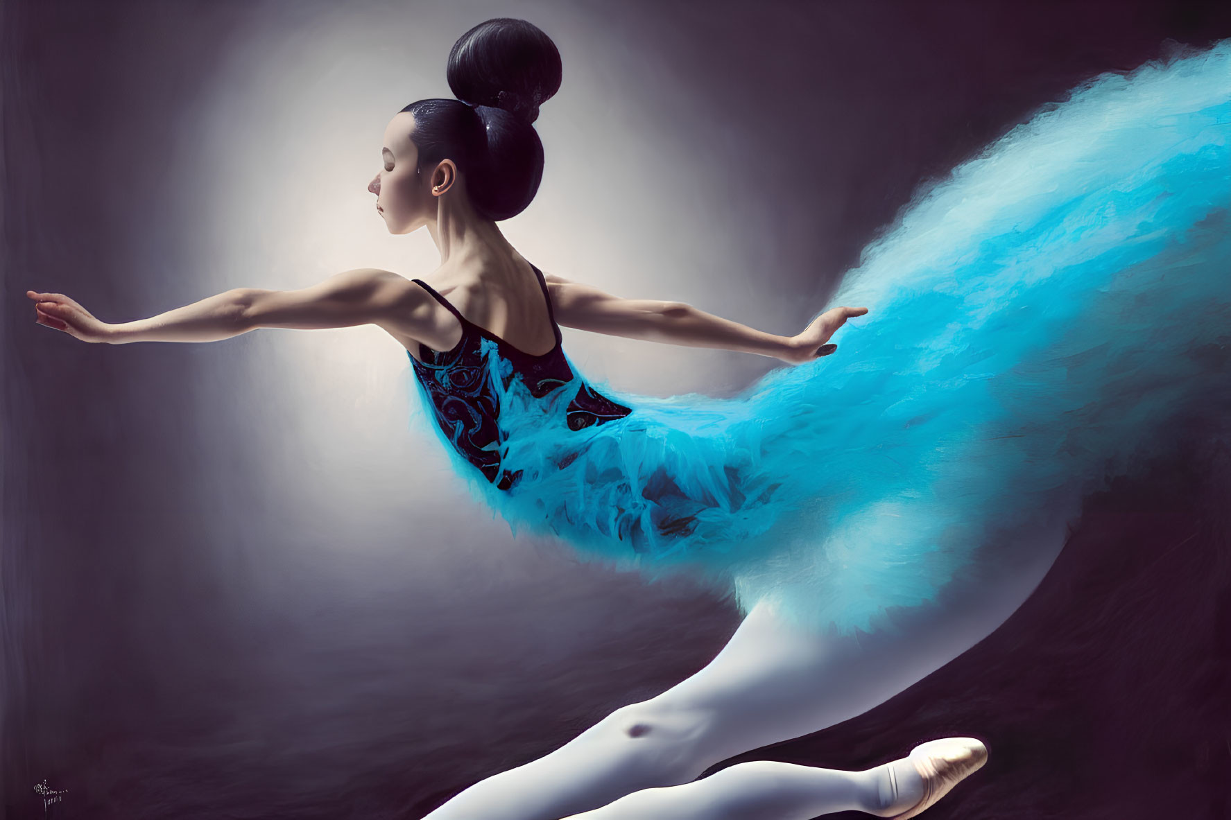 Graceful ballet dancer in blue tutu and white tights poses elegantly.
