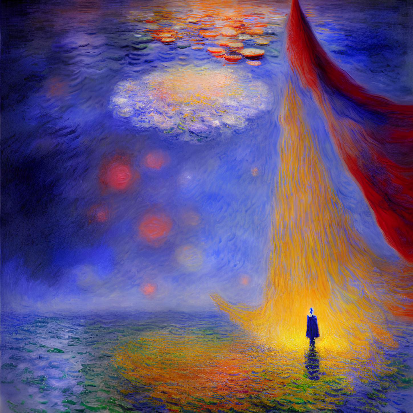 Surreal painting: lone figure, vibrant yellow light, red boat, blue landscape, floating orbs