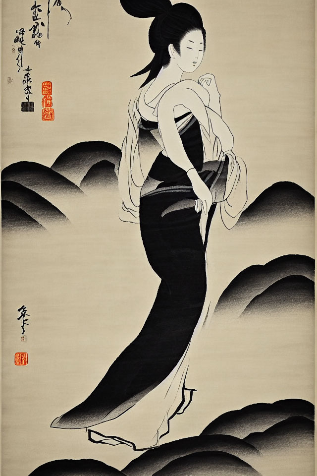 Traditional Japanese Woodblock Print: Woman in Kimono with Waves and Calligraphy