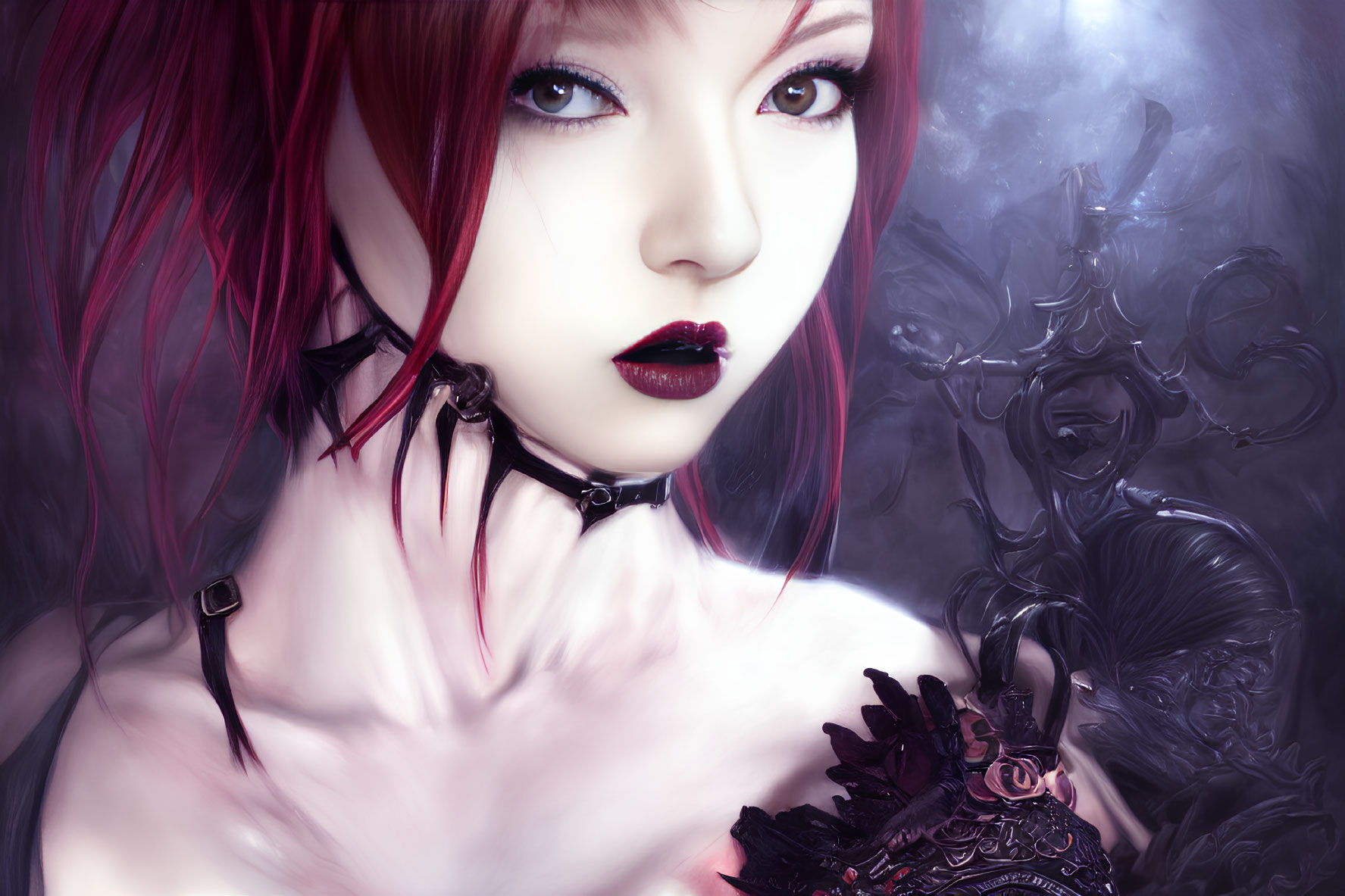 Digital artwork: Woman with red hair, choker, ornate gauntlet, on smoky purple