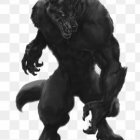 Menacing black werewolf with red eyes and sharp teeth