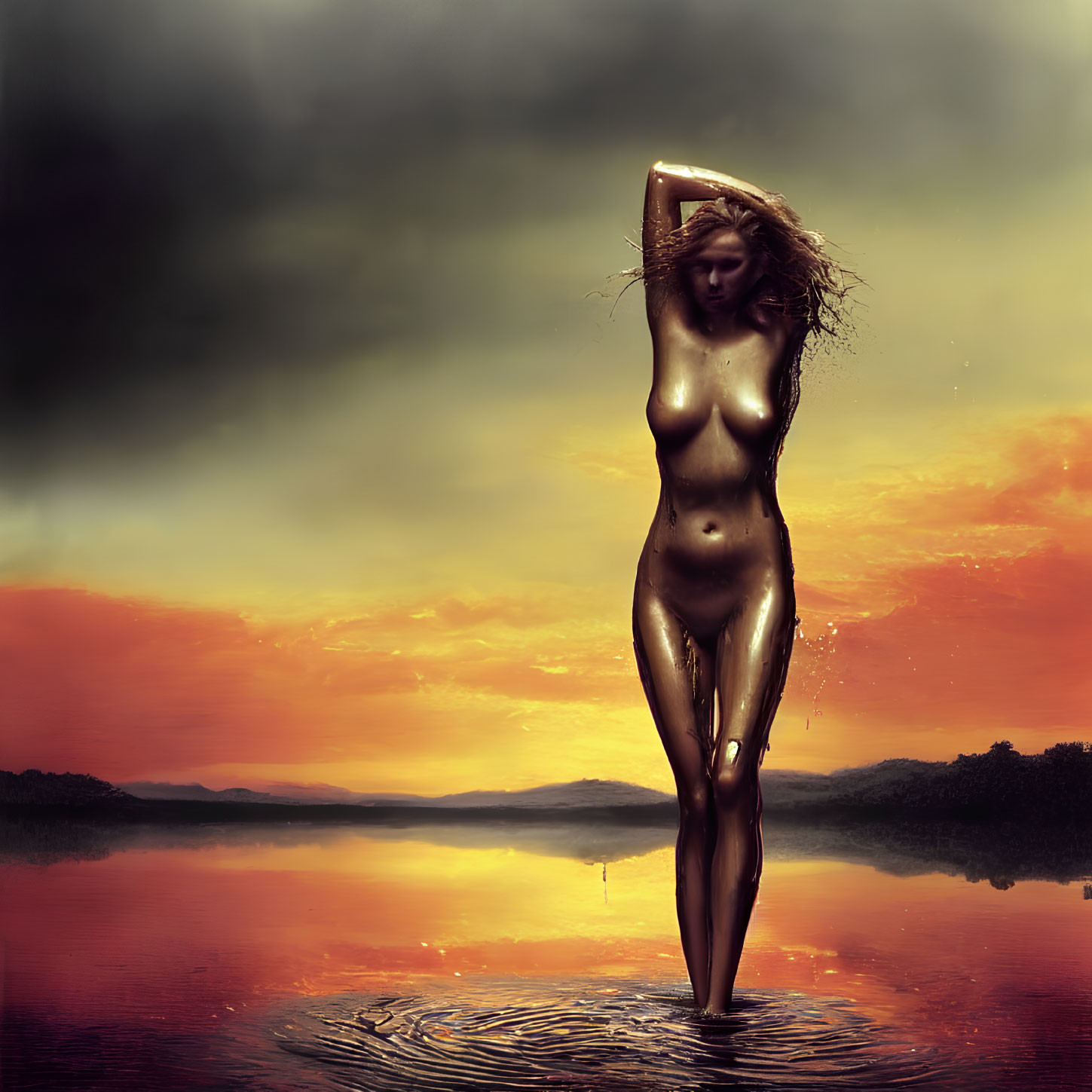 Golden woman figure standing in lake at sunset with glowing reflections