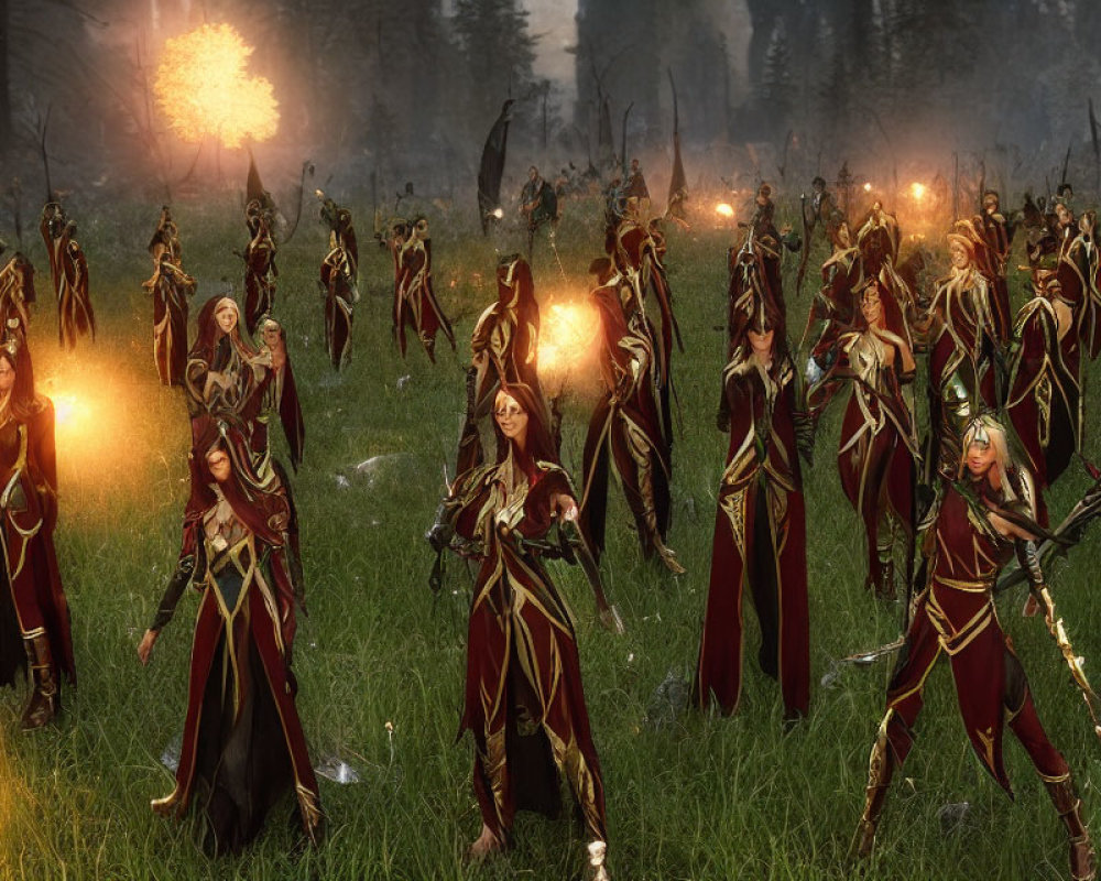 Elven archers in red and gold armor with glowing arrows in forest at dusk