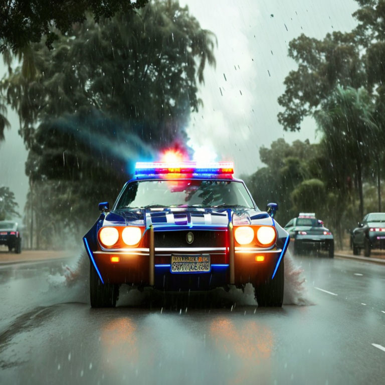 Police car with flashing lights on wet road in heavy rain