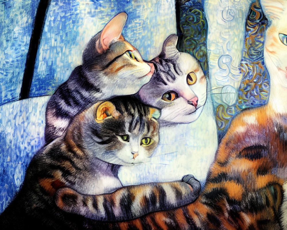 Vibrant painting of three cats on blue background with abstract patterns.