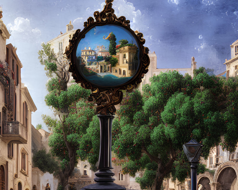 Vintage mirror on pedestal reflects sunny Mediterranean streetscape with people strolling and blue vases.