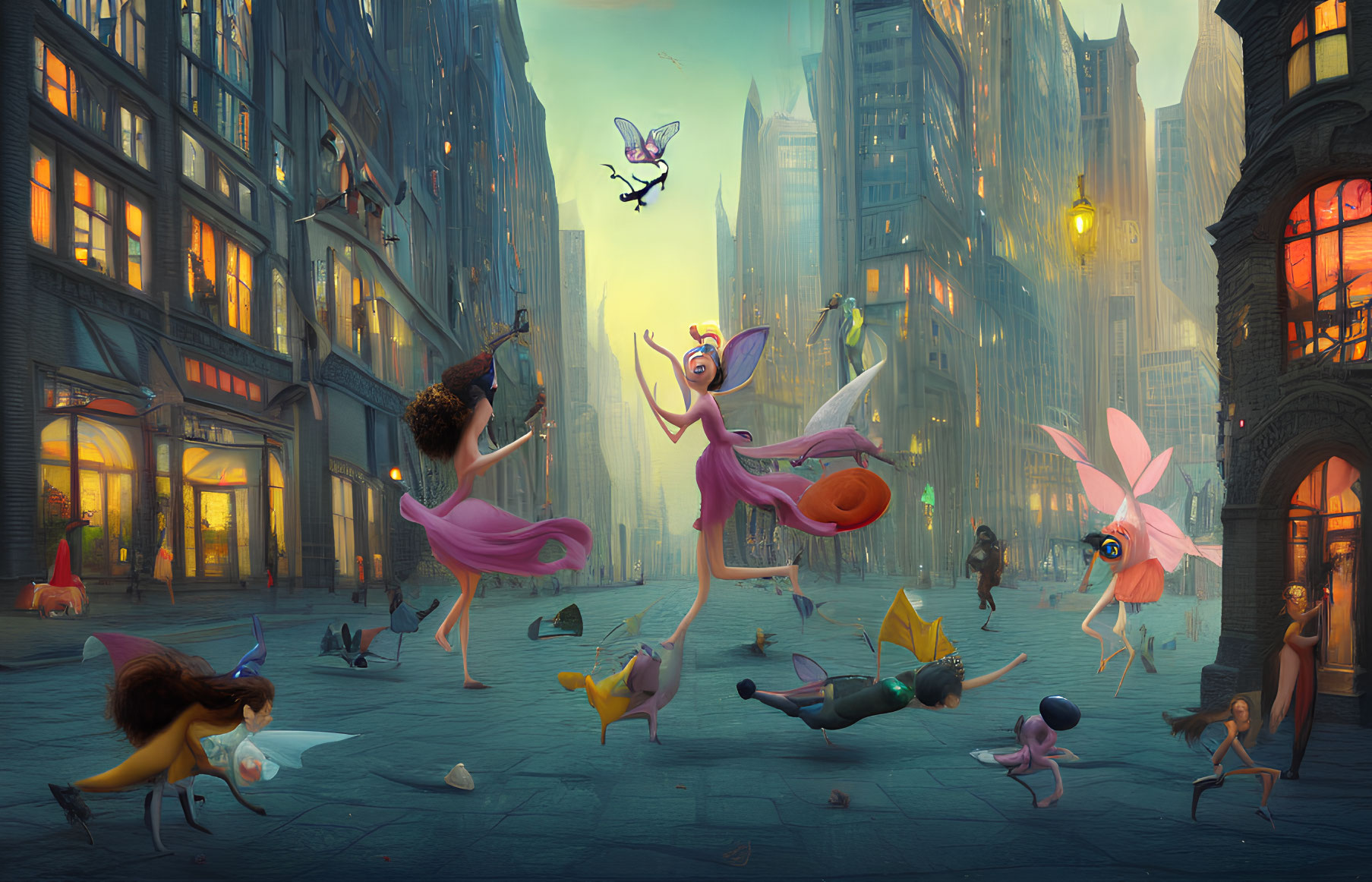 Surreal anthropomorphic animals and insects in golden cityscape