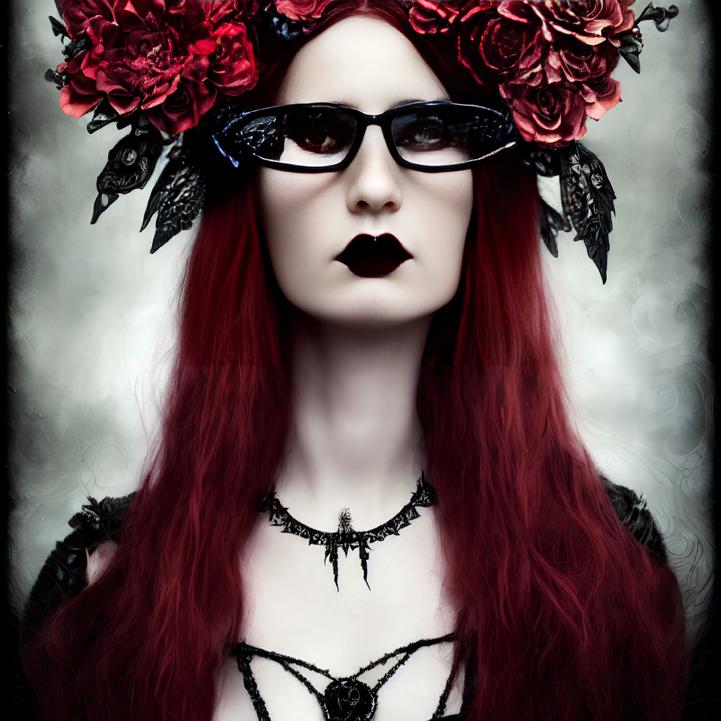 Red-haired woman in black sunglasses and floral headpiece with dark lipstick, against blurred background