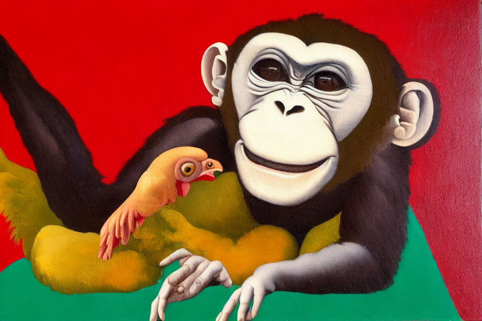 Surreal painting featuring chimpanzee with human-like hand and chicken with human eye