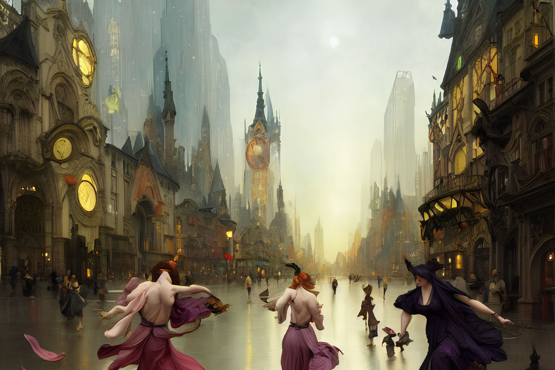 Fantastical cityscape with towering spires and elegant figures in flowing gowns