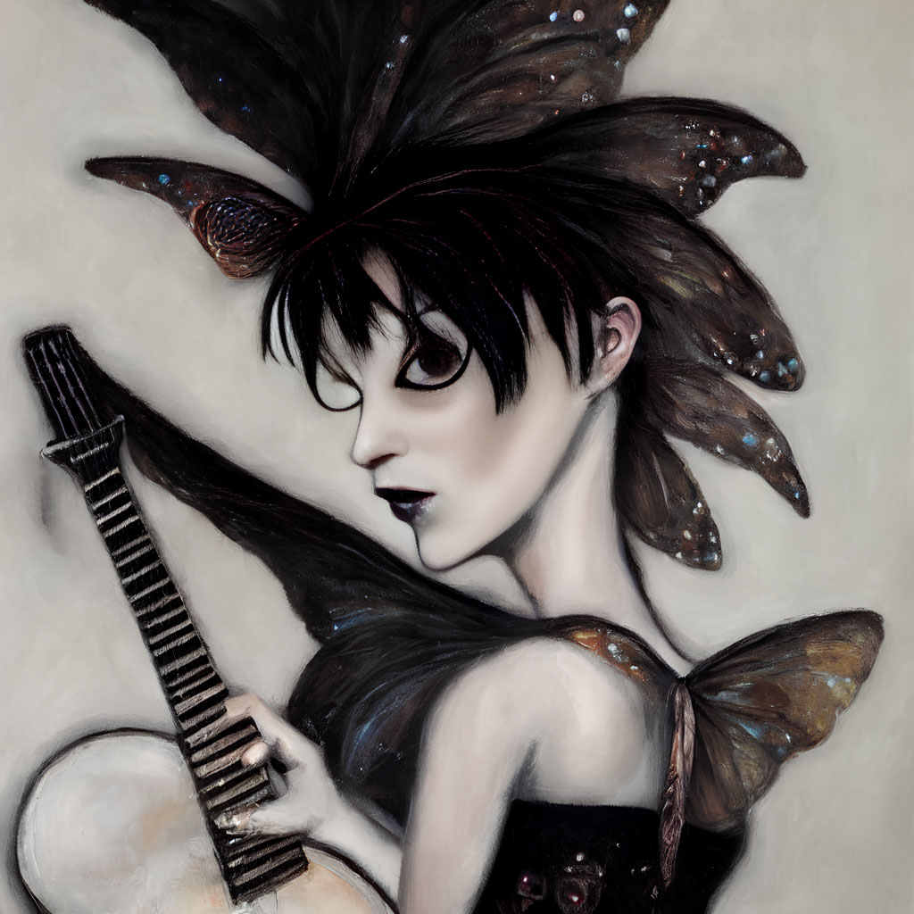 Fantasy-inspired illustration of person with dark hair, butterfly wings, feathers, and guitar