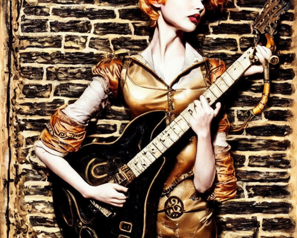 Bright Orange Hair Person Poses in Gold Futuristic Outfit with Electric Guitar