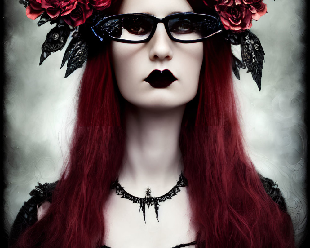 Red-haired woman in black sunglasses and floral headpiece with dark lipstick, against blurred background