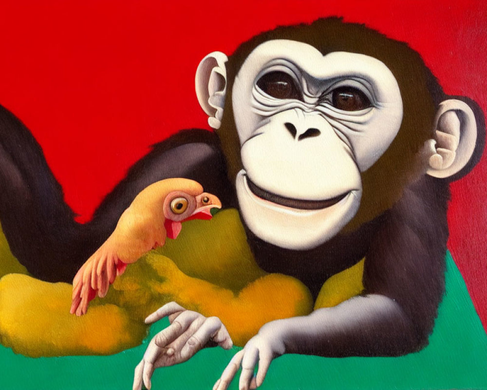 Surreal painting featuring chimpanzee with human-like hand and chicken with human eye