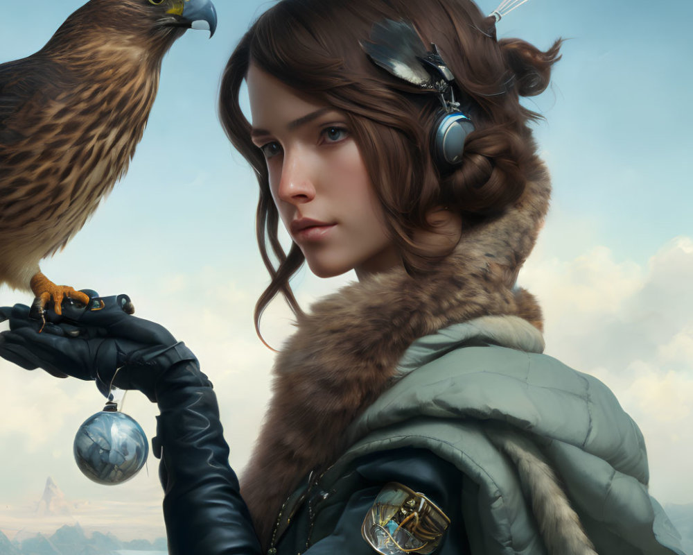 Steampunk-inspired woman with mechanical headset holds falcon against cloudy sky.