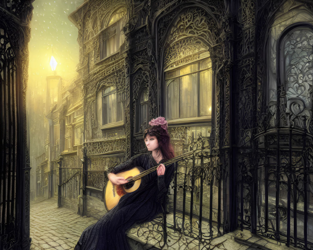 Woman in vintage dress playing guitar by ornate metal gate at Gothic building under twilight sky