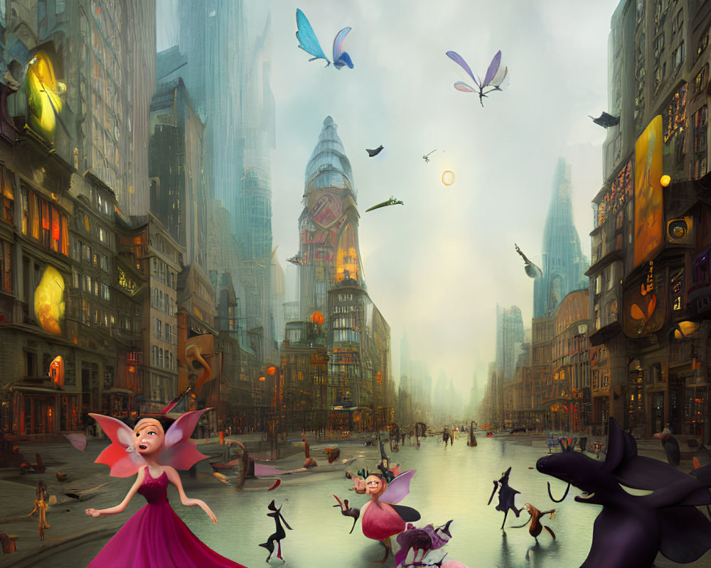 Whimsical cityscape with anthropomorphic animals and floating butterflies
