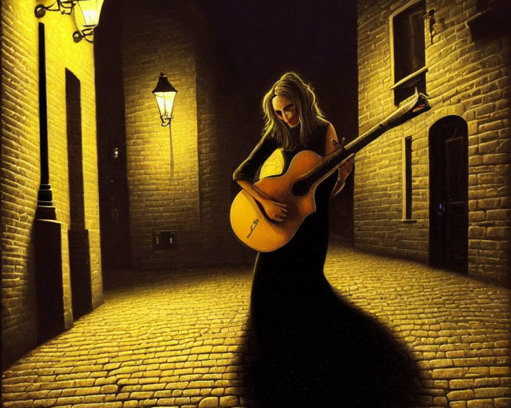 Blonde person in black dress playing guitar in cobblestone alley at night