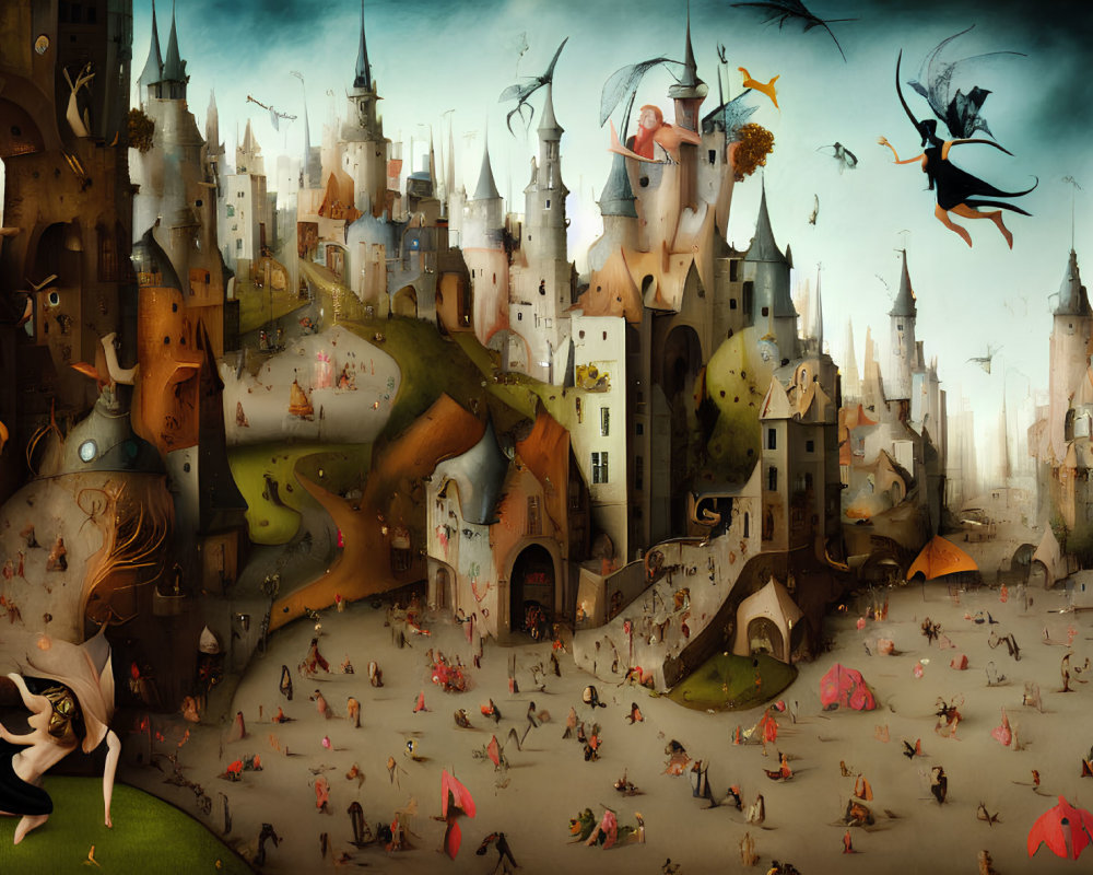 Whimsical surreal landscape with castles, figures, creatures, and woman's face