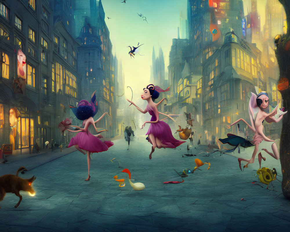 Whimsical city street with dancing anthropomorphic pigs in tutus