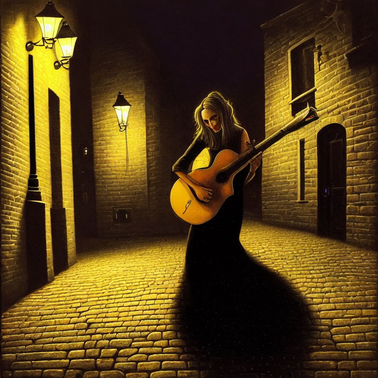 Blonde person in black dress playing guitar in cobblestone alley at night