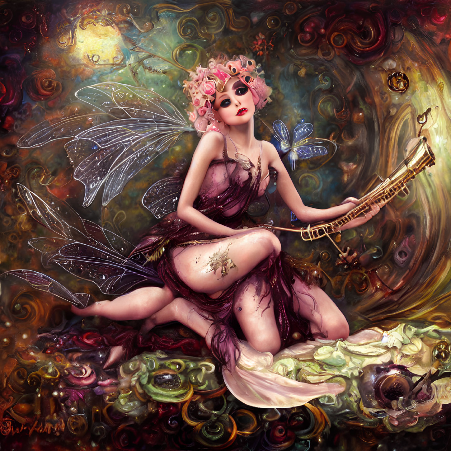 Iridescent fairy with floral headpiece playing saxophone in celestial backdrop