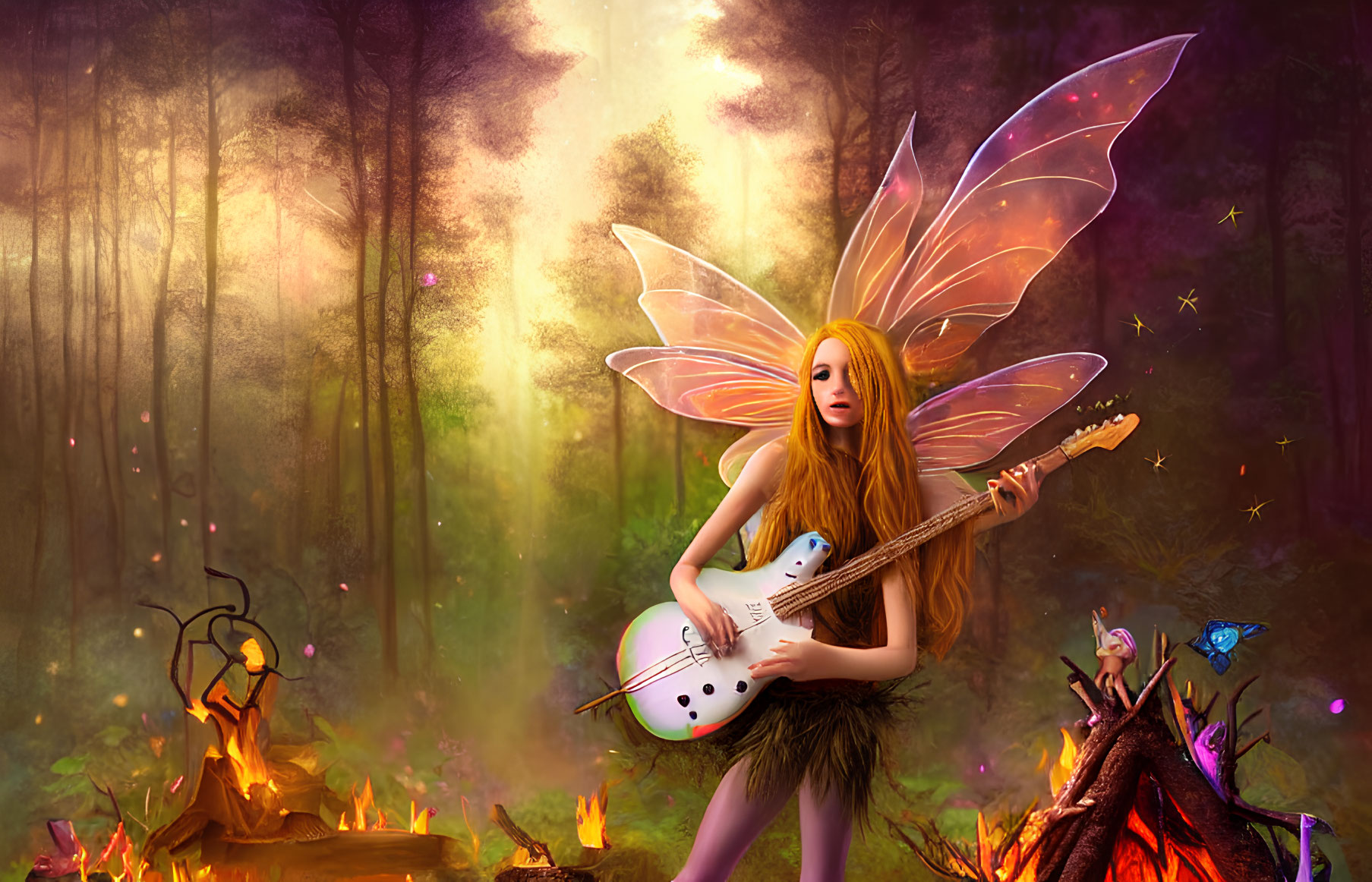 Translucent-winged fairy with fiery red hair playing lute in mystical forest