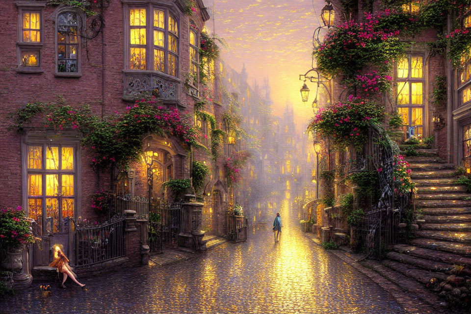 Historic cobblestone street at dusk with glowing lamps and flowering vines
